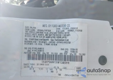 2005 Ford Focus Zxw из США, поврежденный, VIN 1FAFP36N15W138599